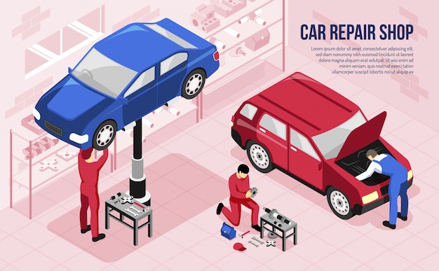 Mechanics with professional tools during work in car repair shop isometric horizontal