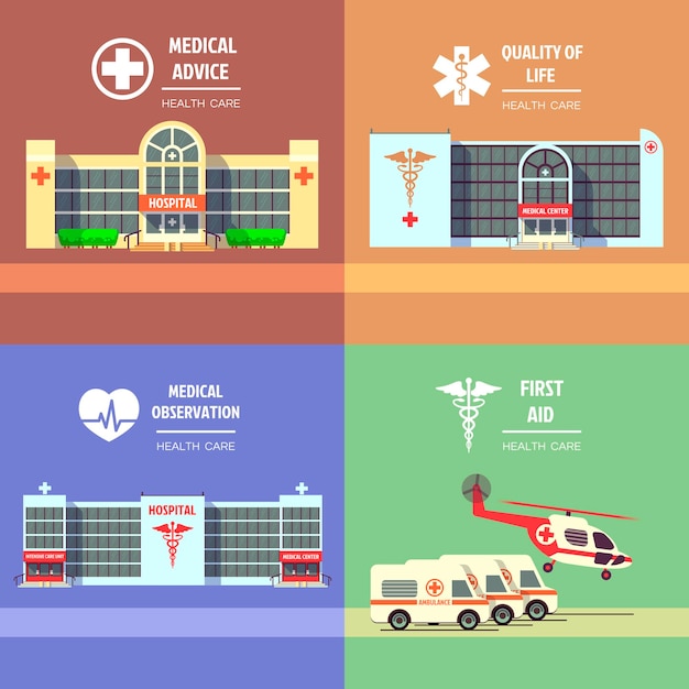 Free vector medical care and health care vector concept backgrounds set. hospital medical, care medical, health medical emergency illustration