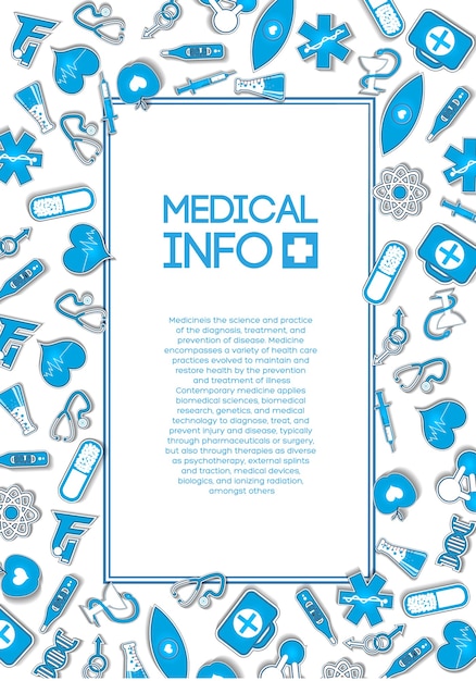 Free vector medical care template with text in frame and blue paper icons and elements on light