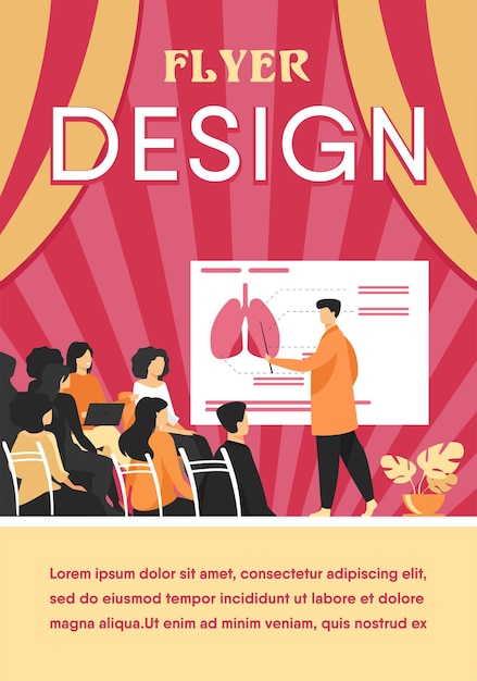 Free vector medical college professor teaching students. doctor presenting human lungs infographics to audience at conference. flyer template