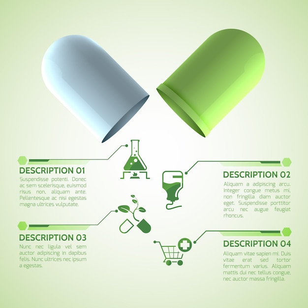 Medical design poster with original medicinal capsule consisting of green and white parts