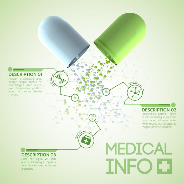 Medical design poster with original medicinal capsule consisting of green and white parts