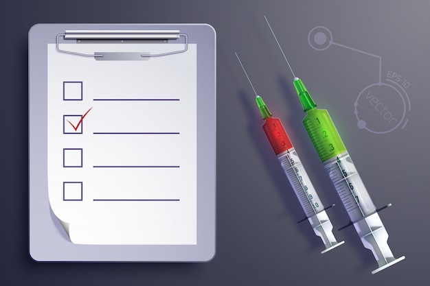 Free Vector medical equipment concept with syringes clipboard paper sheet in realistic style isolated