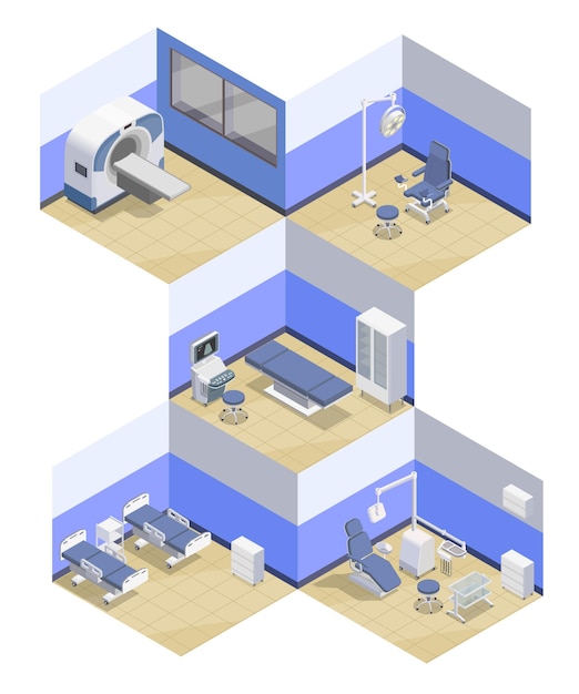 Medical equipment isometric compositions set with indoor views of hospital rooms equipped with professional therapeutic appliances