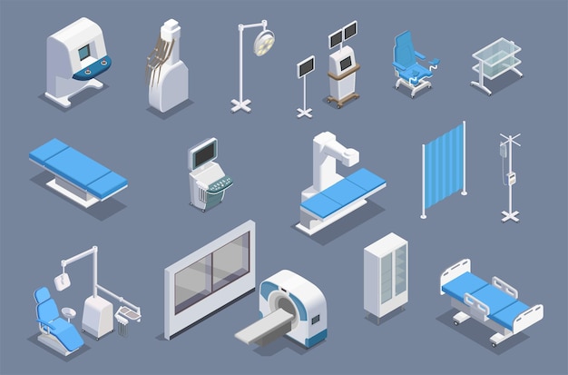 Medical equipment isometric set with isolated colourful images of therapeutic equipment units medical facilities and armamentarium vector illustration