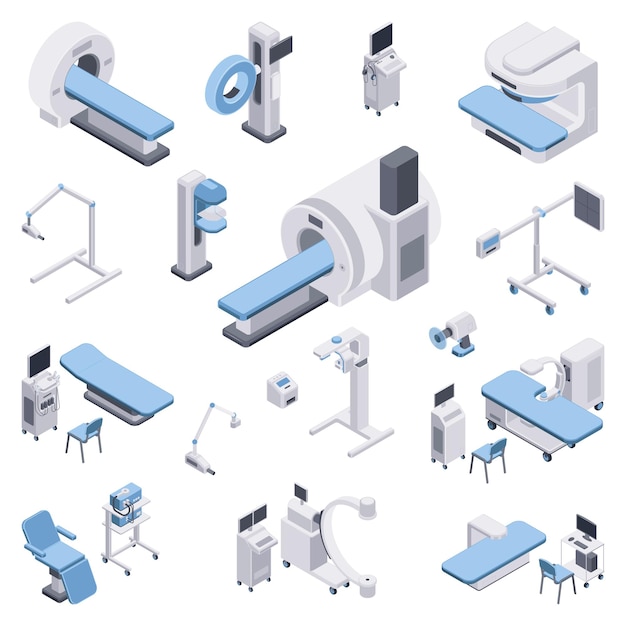 Free vector medical equipment set with healthcare symbols isometric isolated vector illustration