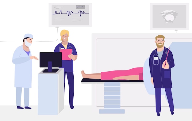 Free Vector medical examination flat composition with indoor clinic view and characters of medical specialists with lying patient vector illustration