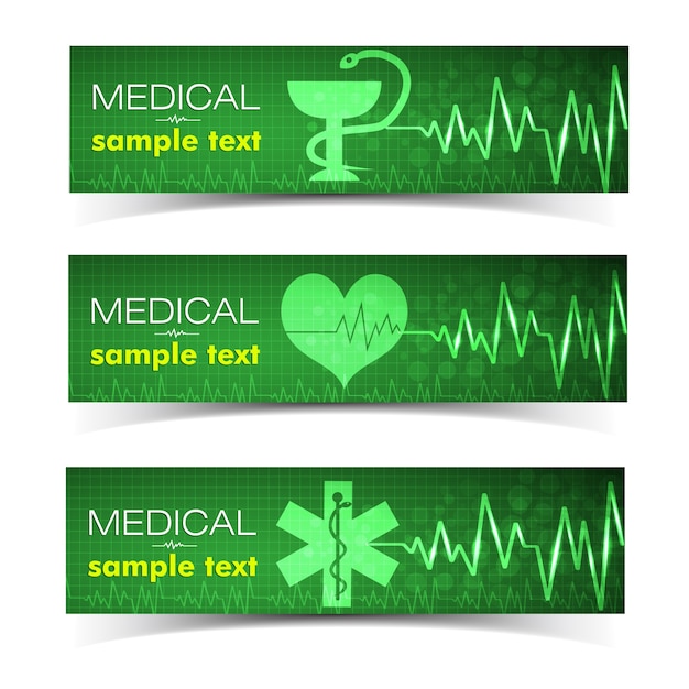 Free Vector medical green horizontal banners set with heart and snake symbols