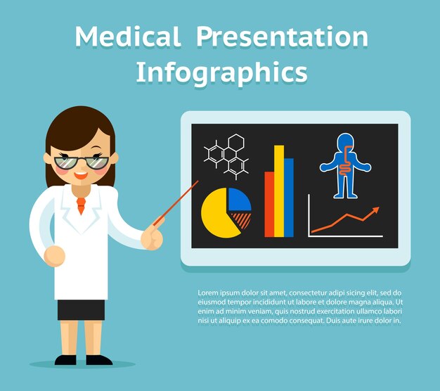 Medical Infographics Presentation. Female doctor showing chart and diagram and graphs on chalkboard. Vector illustration