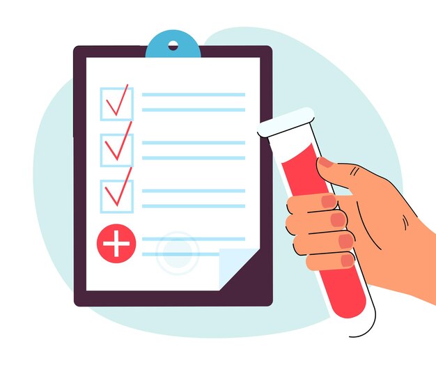 Medical lab blood test from sample tube in human hand. Person holding vial near list with results flat vector illustration. Report, medicine concept for banner, website design or landing web page