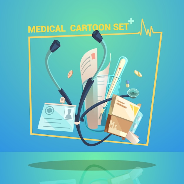 Free Vector  medical objects set with thermometer pills and stethoscope cartoon