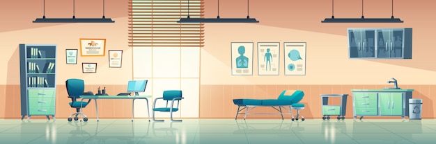 Free Vector medical office interior, empty clinic room with doctor stuff, hospital with couch, chair and washbasin, locker for medicine, table, computer and medical aid banners on wall cartoon illustration