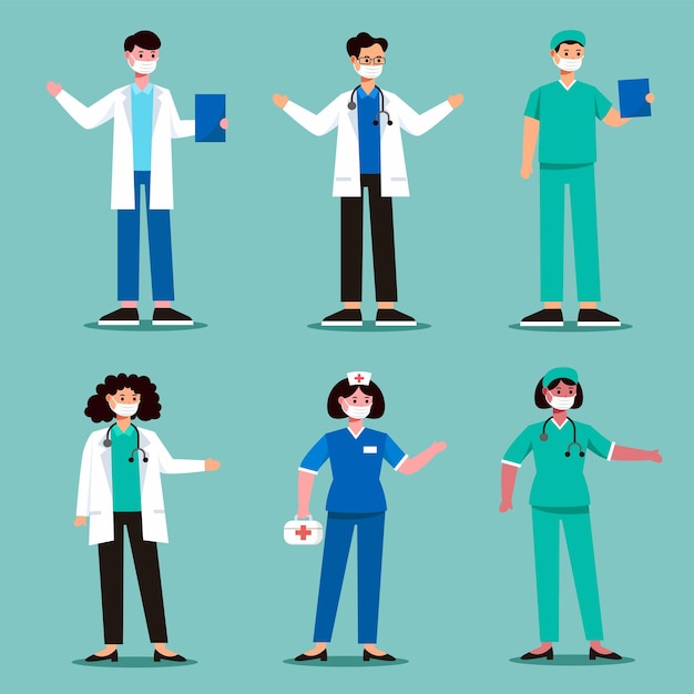 Medical personnel illustration in various outfits To perform duties in hospitals, female doctors, male doctors, nurses and staff such as examination, treatment, surgery, patient care and other service