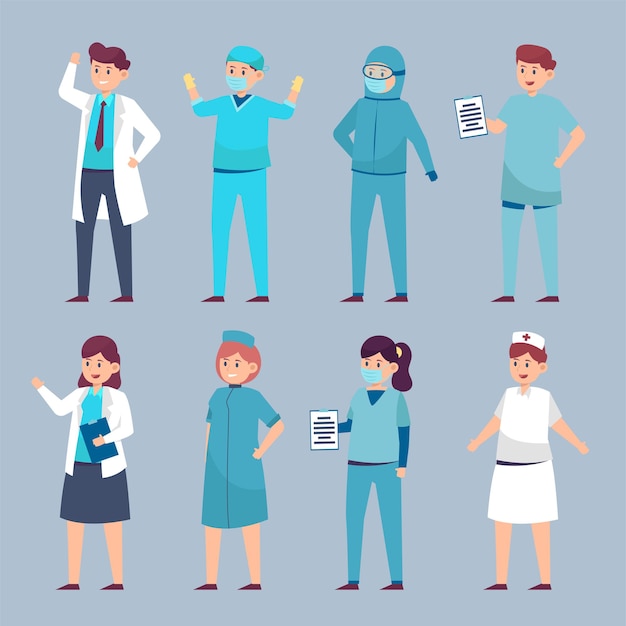 Medical personnel illustration in various outfits To perform duties in hospitals, female doctors, male doctors, nurses and staff such as examination, treatment, surgery, patient care and other service