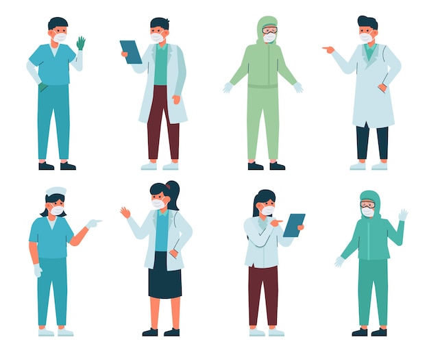 Free Vector medical personnel illustration in various outfits to perform duties in hospitals, female doctors, male doctors, nurses and staff such as examination, treatment, surgery, patient care and other service