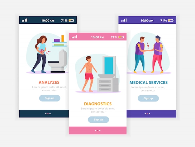 Medical services flat composition with mobile app on smartphone screens representing healthcare functions in medical diagnostic center 