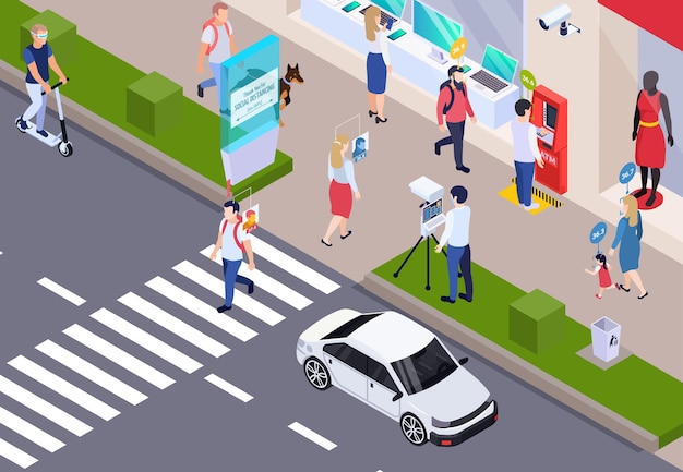 Medical testing passers by on city streets isometric background with staff measuring body temperature using contactless sensors  illustration