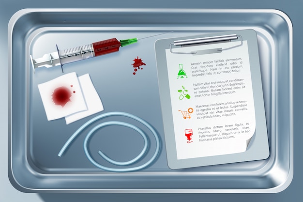 Medical tool concept with suringe bandage notepad tourniquet in sterilizer after taking blood procedure