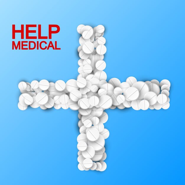 Medical treatment light template with white drugs and pills in cross shape on blue