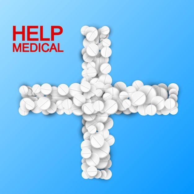 Medical treatment light template with white drugs and pills in cross shape on blue