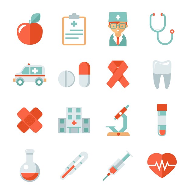 Medicine and health care icons. Hospital and doctor, apple and tooth, flask and plaster, heartbeat and microscope, vector illustration