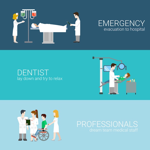 Medicine infographic elements with medical staff and patients treatment and examination flat concept  illustration on blue background Hospital professionals. Emergency Dentist Professionals.