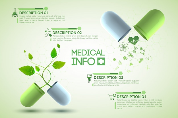 Medicine information poster with medication and pharmacy symbols realistic illustration