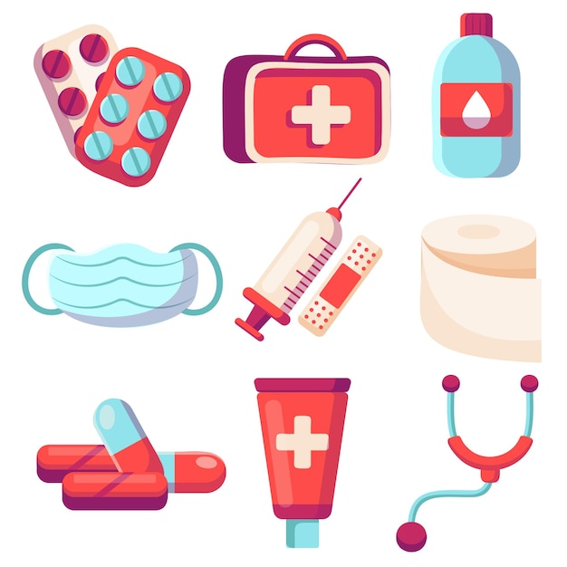 Medicine pharmacy set with isolated medical products pharmaceutical drugs and pills vector illustration