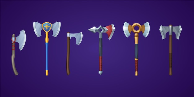 Free Vector medieval battle axe, ax and battleaxe vector set. scandinavian nordic skyrim, weapon. cartoon double and single blade fantasy viking armor, isolated ui or gui game design element, asset, warrior items