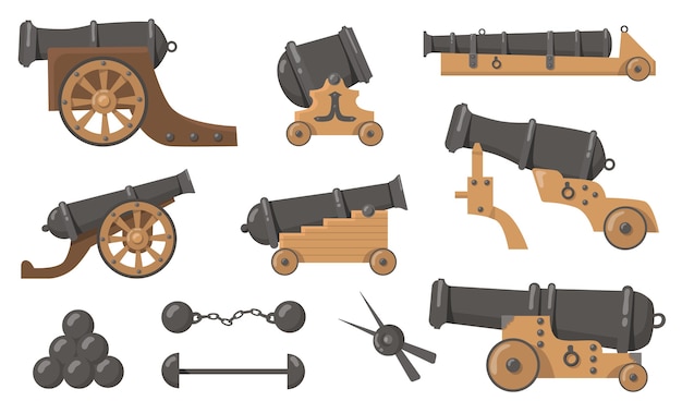 Medieval cannons with cannonballs flat illustration set. Cartoon metal and wooden weapon for old ships and firing battle isolated vector illustration collection. History, destruction and war concept