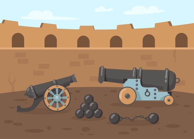 Free Vector medieval cannons with cannonballs on tower