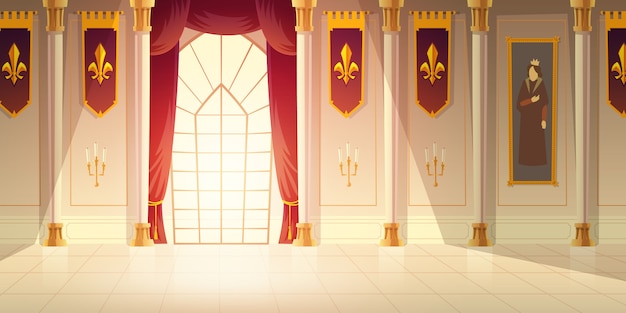 Medieval castle ballroom, historical museum hall cartoon vector background. Shiny tiled floor, red curtains on big window, high columns, flags with heraldic emblem and tapestry on walls illustration