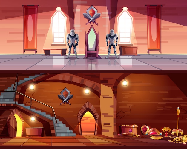 Free Vector medieval castle ballroom with knight guards near royal throne and ancient dungeon 