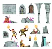 Free vector medieval castle cartoon icons set with people with torches in dungeons isolated vector illustration