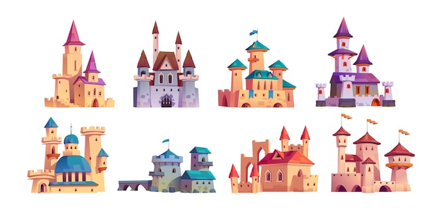 Medieval castle icon vector cartoon kingdom set Ancient fairytale fort and fantasy building architecture exterior Isolated citadel collection design with flag Princess tower drawing illustration