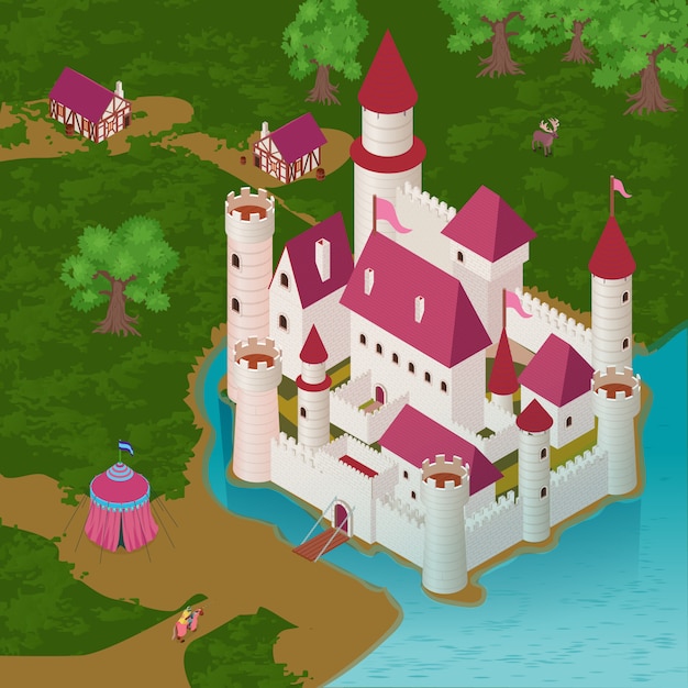 Free Vector medieval castle on river bank with royal tent knight on horseback houses of citizens isometric