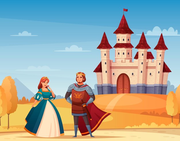 Medieval characters  cartoon with castle king and queen  illustration,