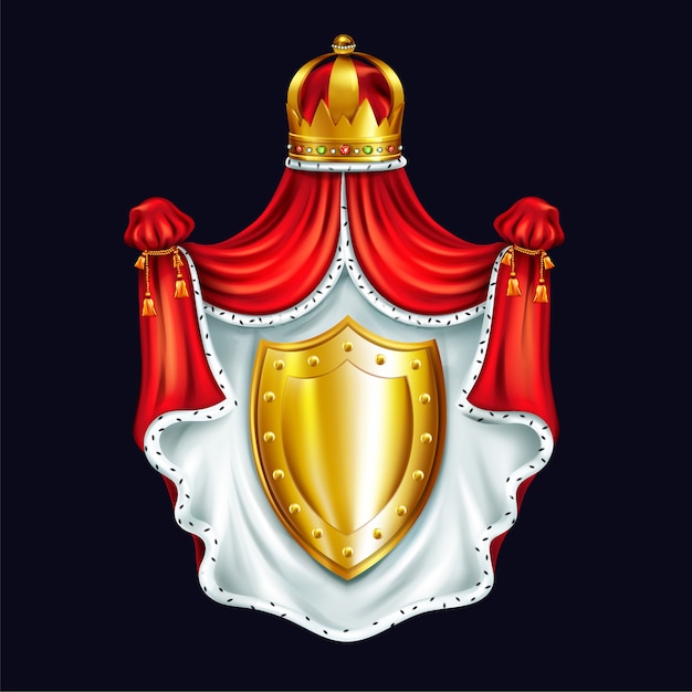 Medieval coat of arms, heraldic emblem with royal crown, red ceremonial canopy 