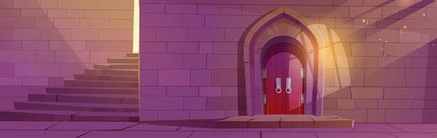 Medieval dungeon or castle interior with wooden arched door stone stairs and brick wall entry to palace with sunlight fall through barred window fairytale building cartoon  illustration