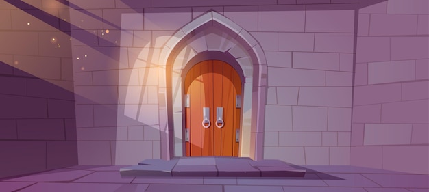 Free vector medieval dungeon or castle interior with wooden arched door and wall of stone bricks