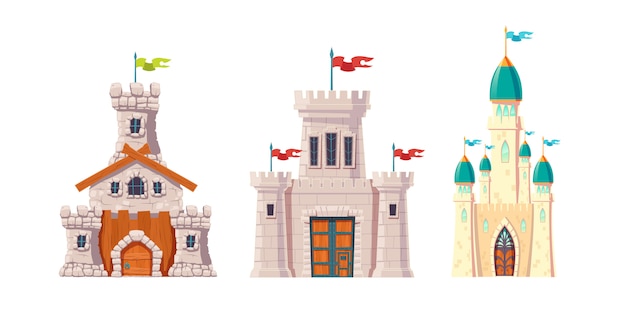 Medieval fairytale castles cartoon vector set