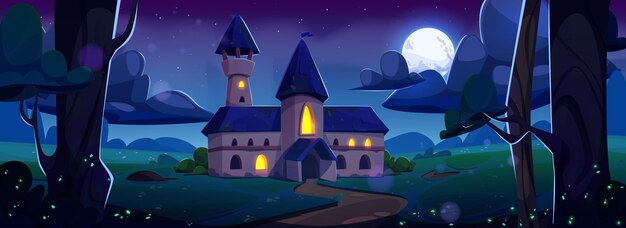 Free Vector medieval fantasy castle night cartoon landscape magic fairytale gothic kingdom building scene with road full moon glow and forest tree old dirty mystery enchanted game fortress concept background