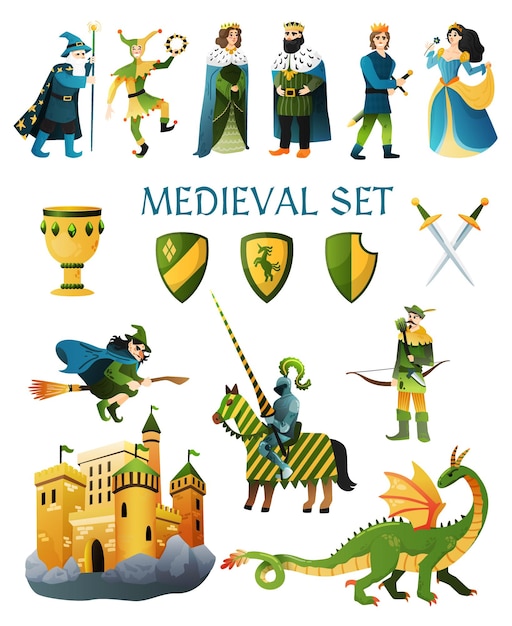 Free Vector medieval kingdom fairy tale flat icons set with castle magician king queen jester witch horseman vector illustration