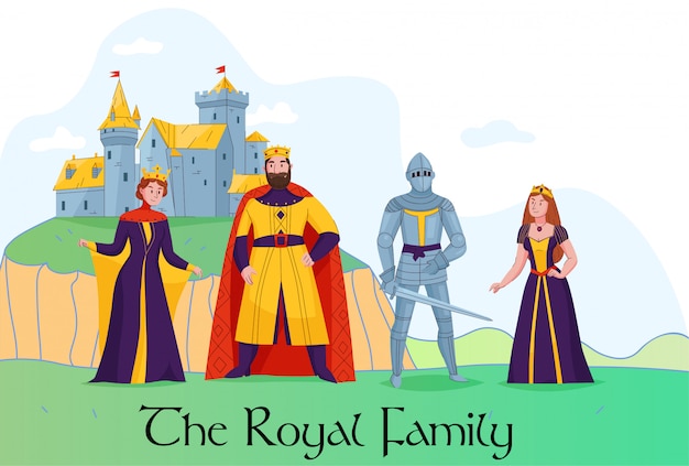 Free Vector medieval kingdom royal family standing in front of castle flat composition with king queen knight princess vector illustration