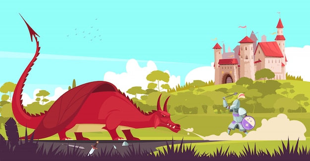 Medieval legendary knight warrior fighting fierce dragon near castle to save princess fair tale cartoon