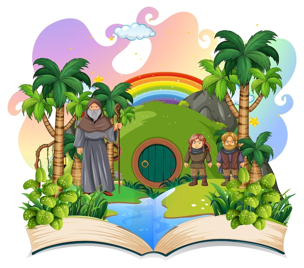 Free Vector medieval magic land scene on open book