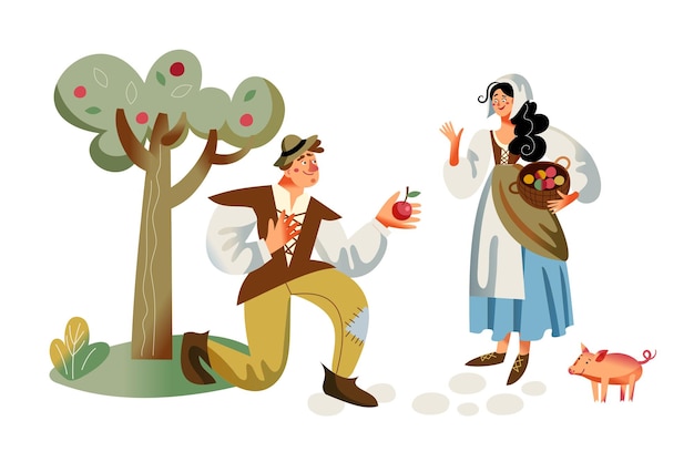 Free Vector medieval peasants collecting apples young happy woman and man helping in middle ages historical people in costumes with basket and pig on white background