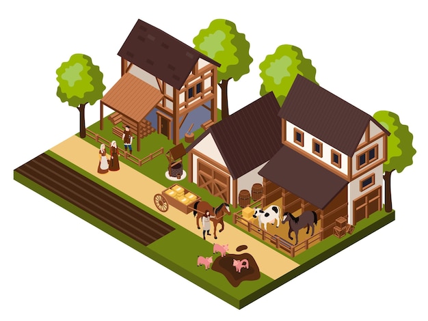 Free Vector medieval rural architecture isometric concept with domestic animals illustraion