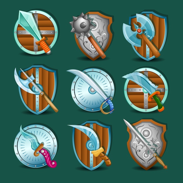 Free Vector medieval weapon and shields icon set