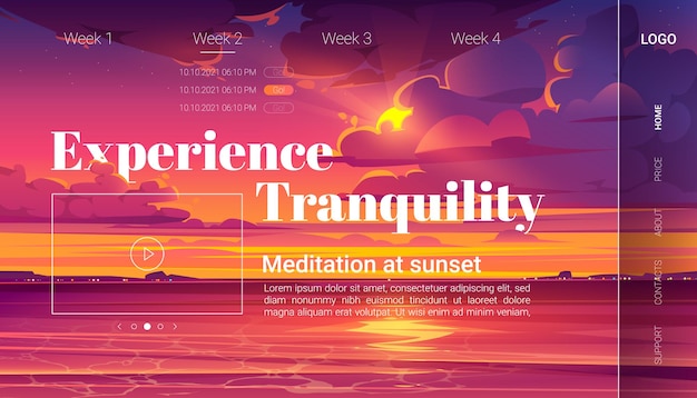 Meditation at sunset cartoon landing page, invitation to yoga experience on evening ocean beach.